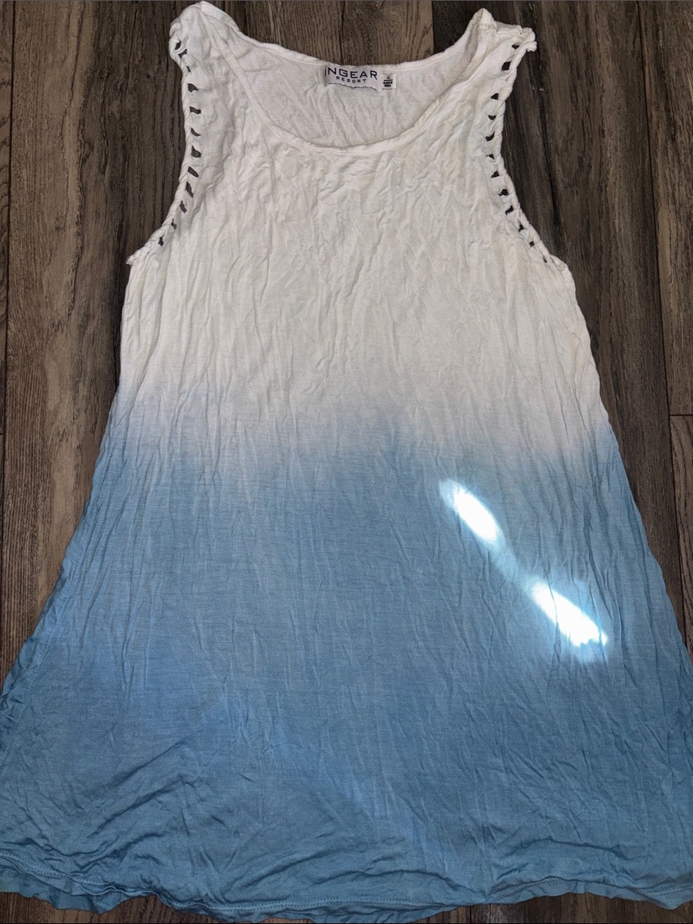 Ingear White to Light Blue Ombre Sleeveless Tank with Lattice Shoulders